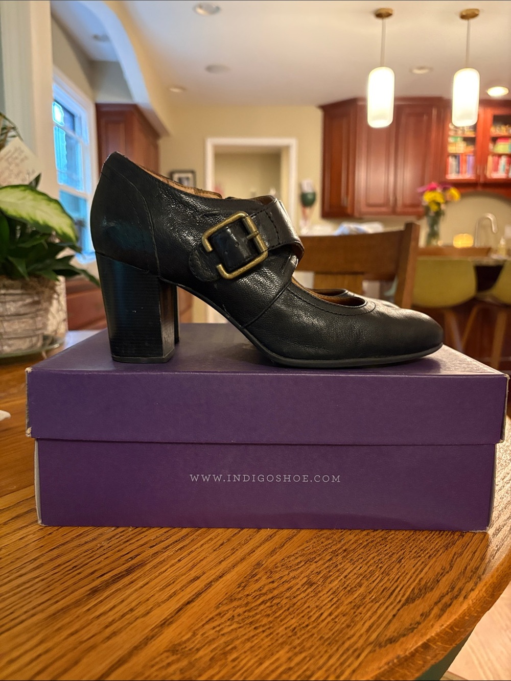 Indigo Black Leather Mary Jane Heels with Buckle Strap